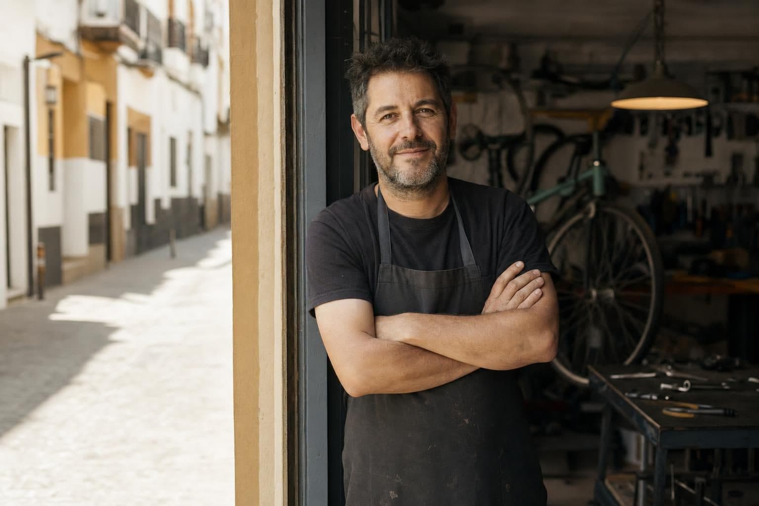 Autónomo con delantal en la puerta de su taller