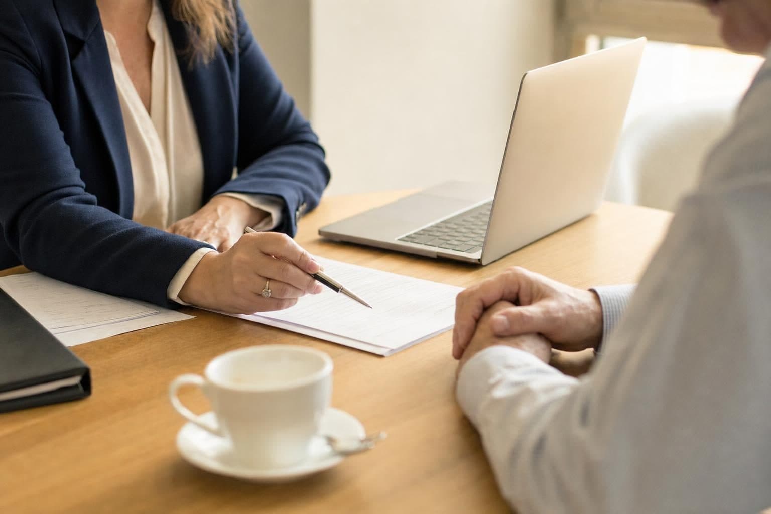 Abogada revisando un documento con un cliente en la mesa del despacho