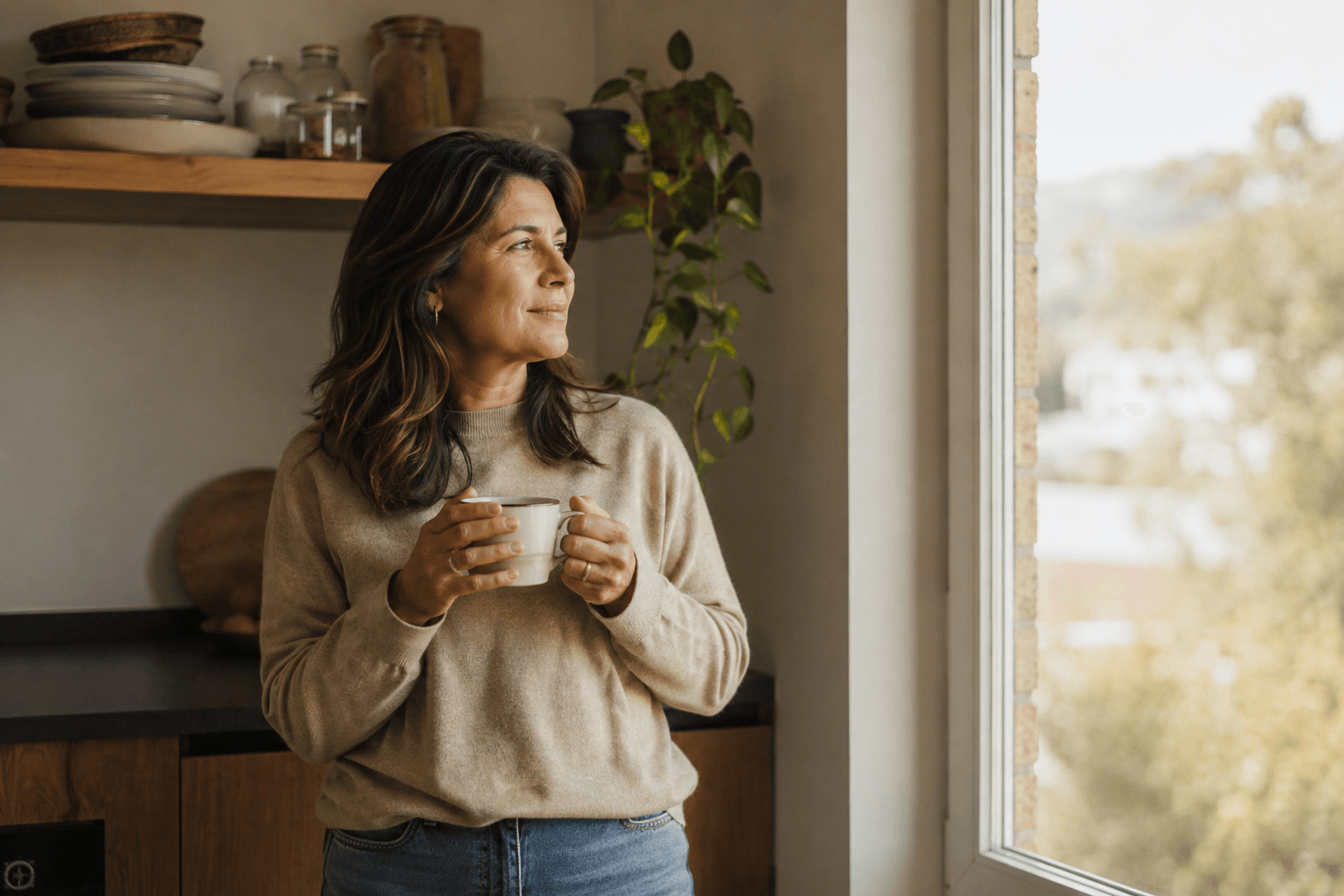 Mujer tranquila mirando por la ventana de su cocina con una taza de café