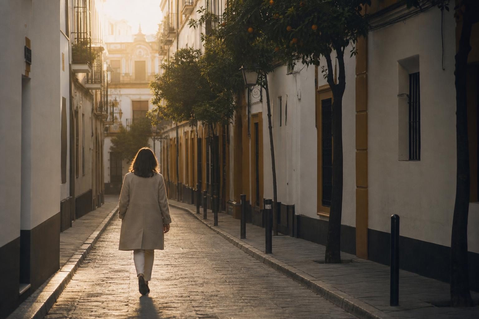 Mujer caminando por una calle del centro de Sevilla al amanecer